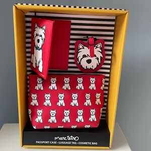 NWT MARC TETRO Red Travel Set with Passport Case, Luggage Tag, and Cosmetic Bag
